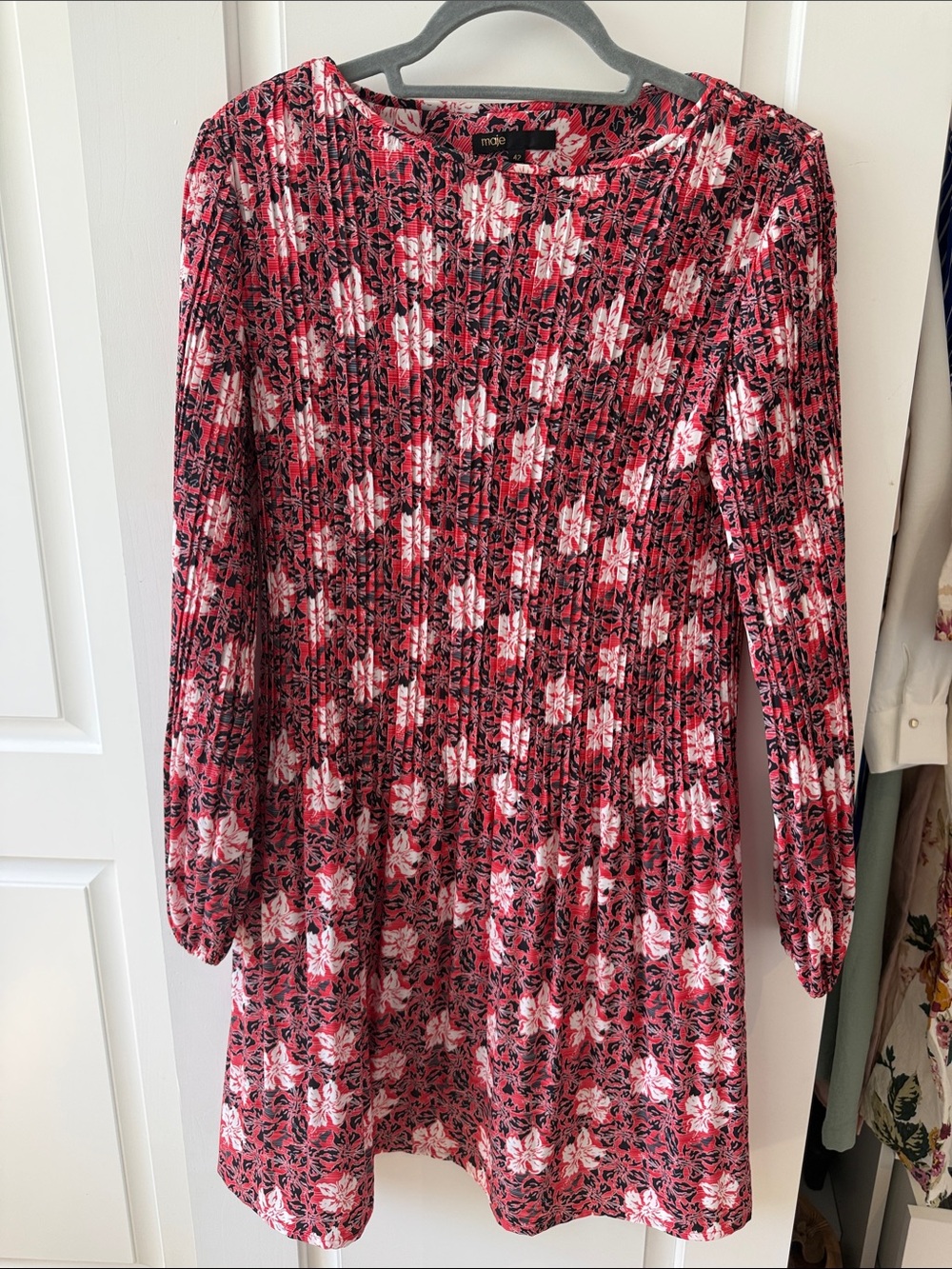 Maje Red and White Floral Long-Sleeve Dress